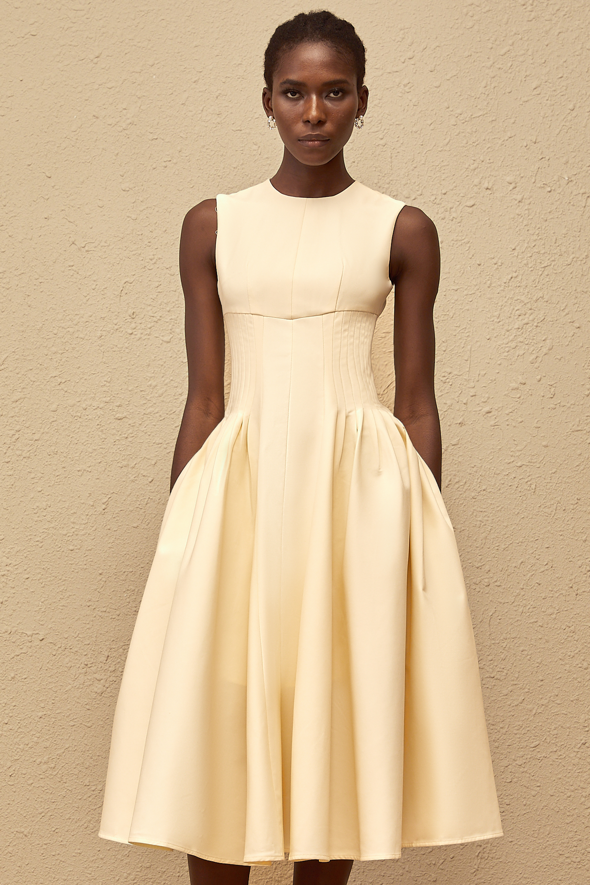 Aurohaya Velours Neutral Voluminous Midi Dress