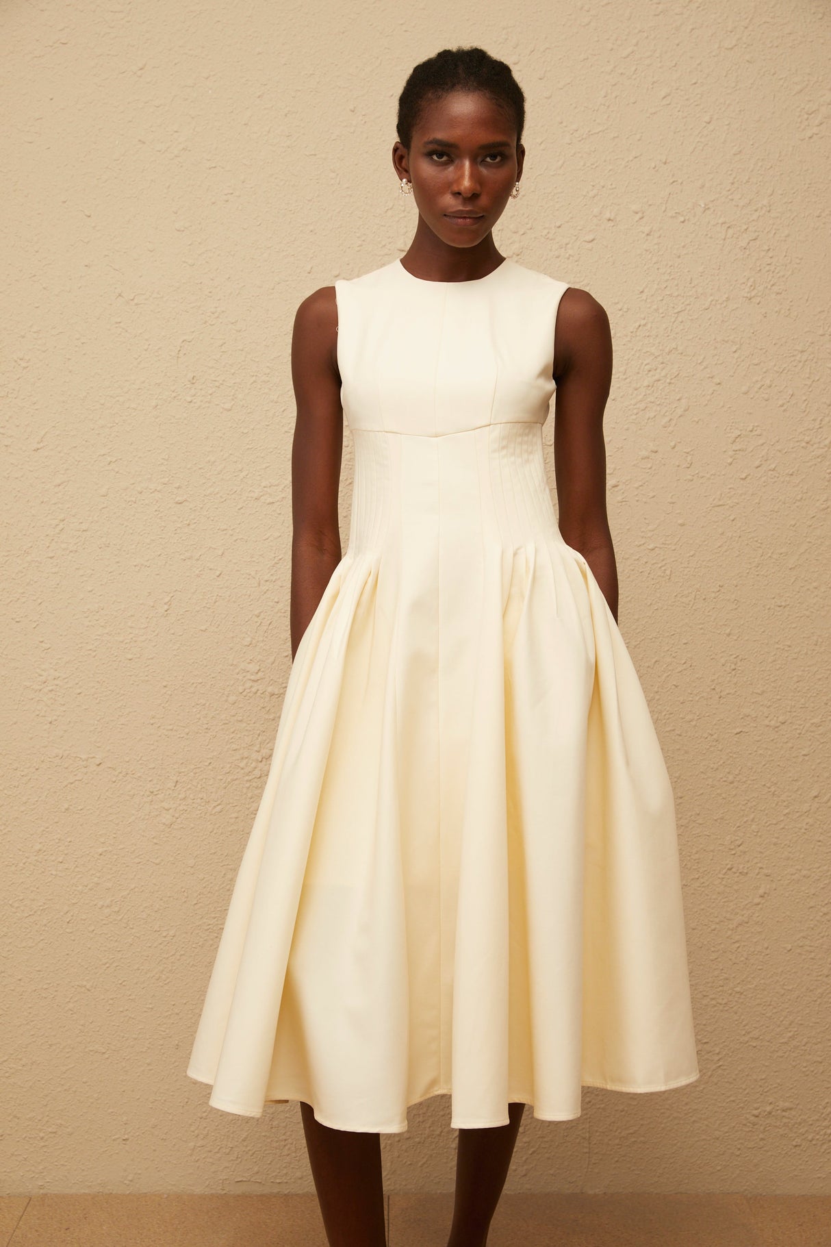 Aurohaya Velours Neutral Voluminous Midi Dress