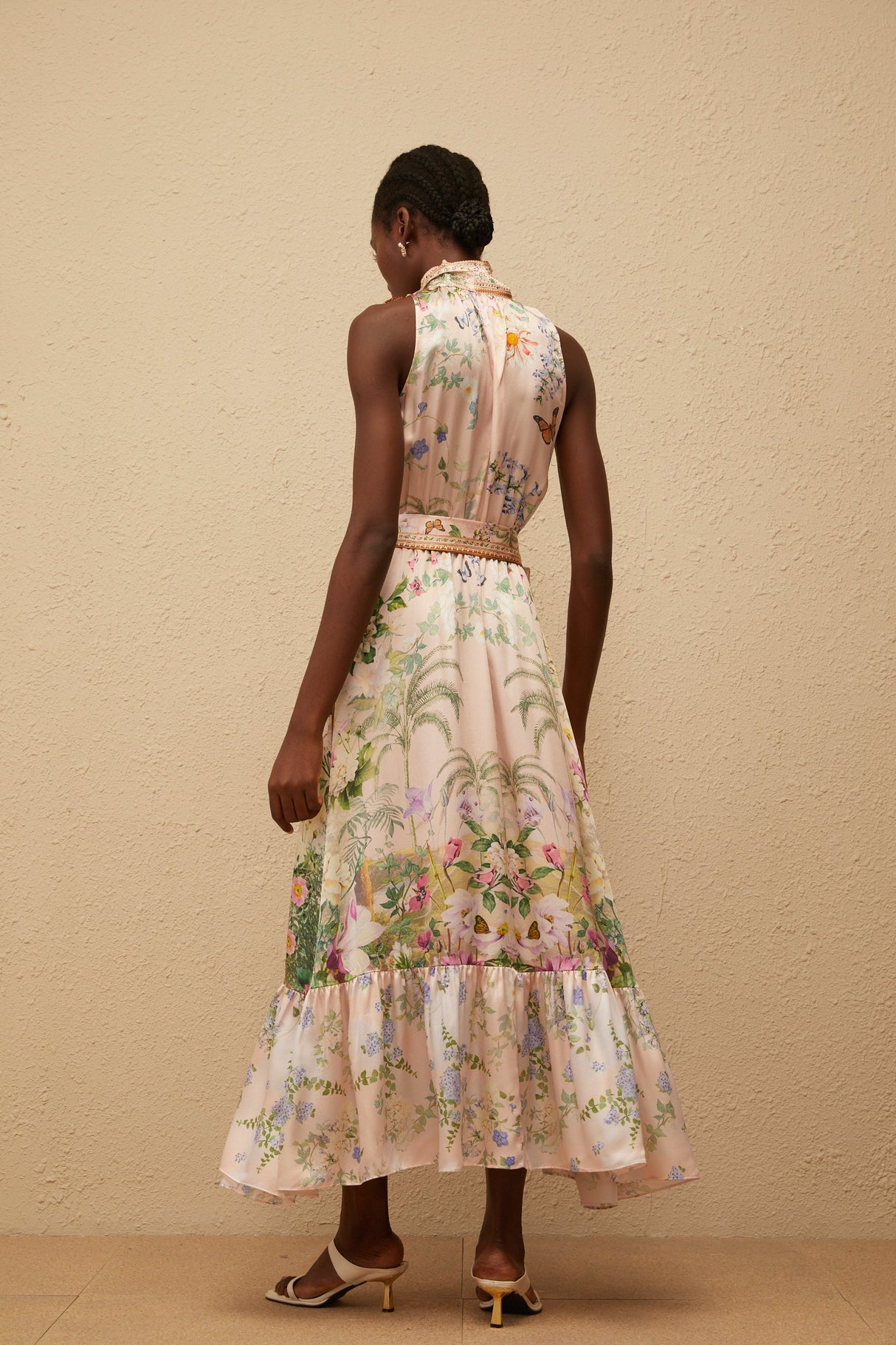 Aurohaya Madeleine Neutral Floral Print Satin Maxi Dress