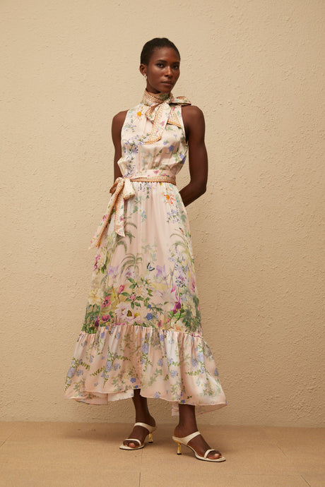 Aurohaya Madeleine Neutral Floral Print Satin Maxi Dress
