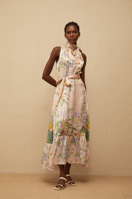 Aurohaya Madeleine Neutral Floral Print Satin Maxi Dress