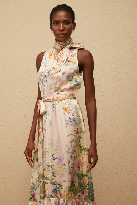 Aurohaya Madeleine Neutral Floral Print Satin Maxi Dress