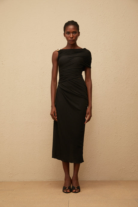 Aurohaya Latika Black One Shoulder Gathered Midi Dress