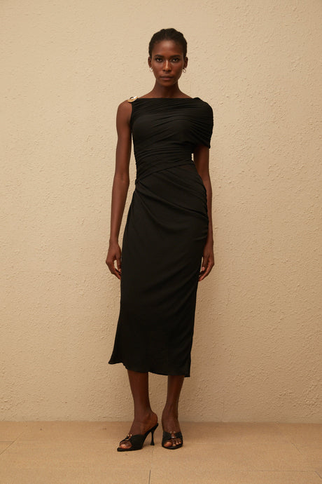 Aurohaya Latika Black One Shoulder Gathered Midi Dress