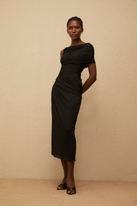 Aurohaya Latika Black One Shoulder Gathered Midi Dress