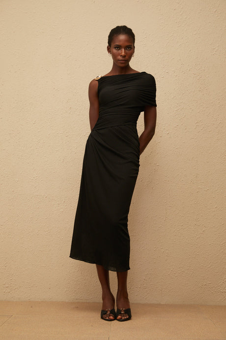 Aurohaya Latika Black One Shoulder Gathered Midi Dress
