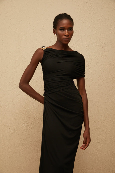 Aurohaya Latika Black One Shoulder Gathered Midi Dress