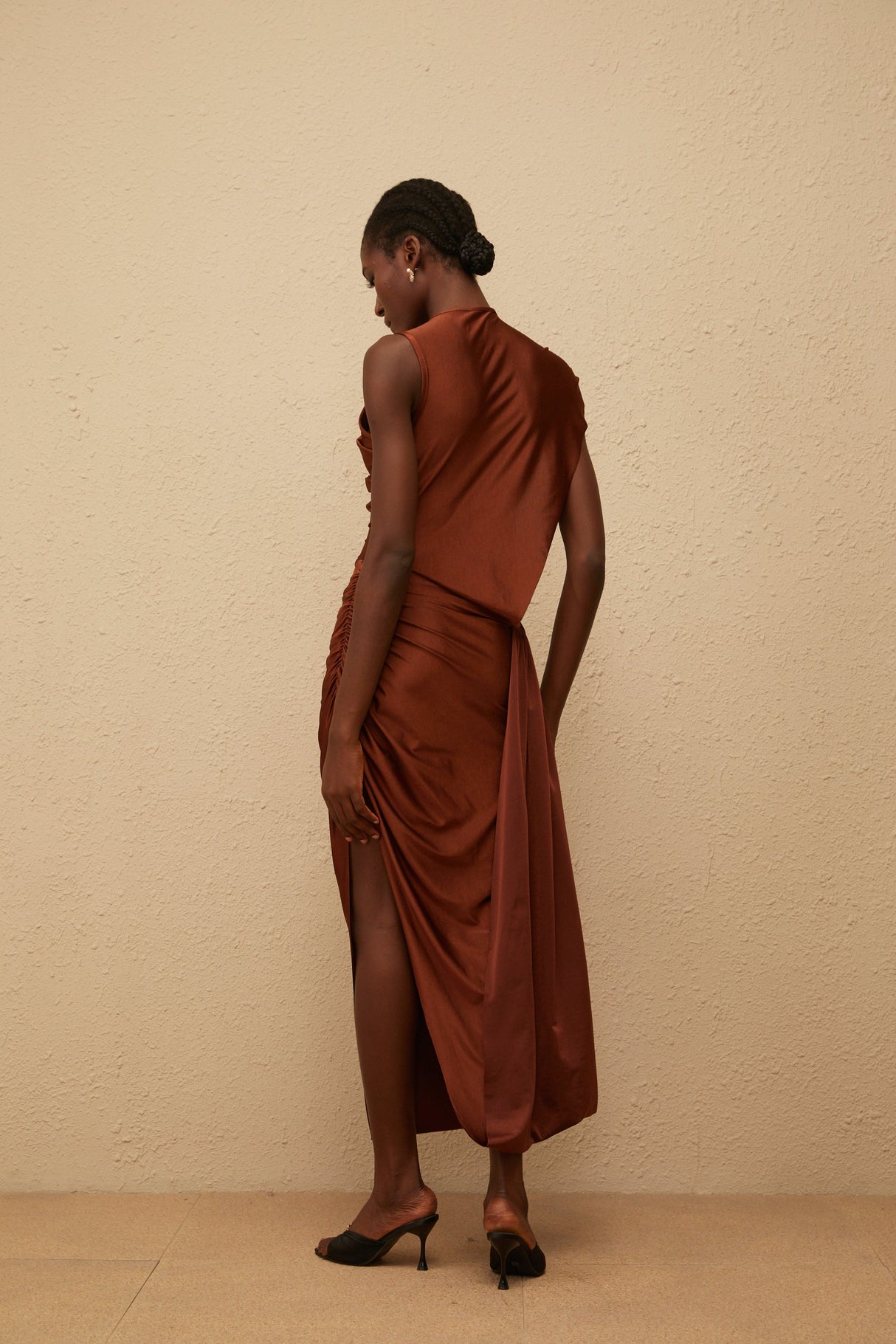 Aurohaya Reine Brown Asymmetrical Ruched Maxi Dress
