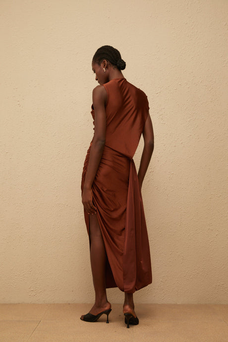 Aurohaya Reine Brown Asymmetrical Ruched Maxi Dress