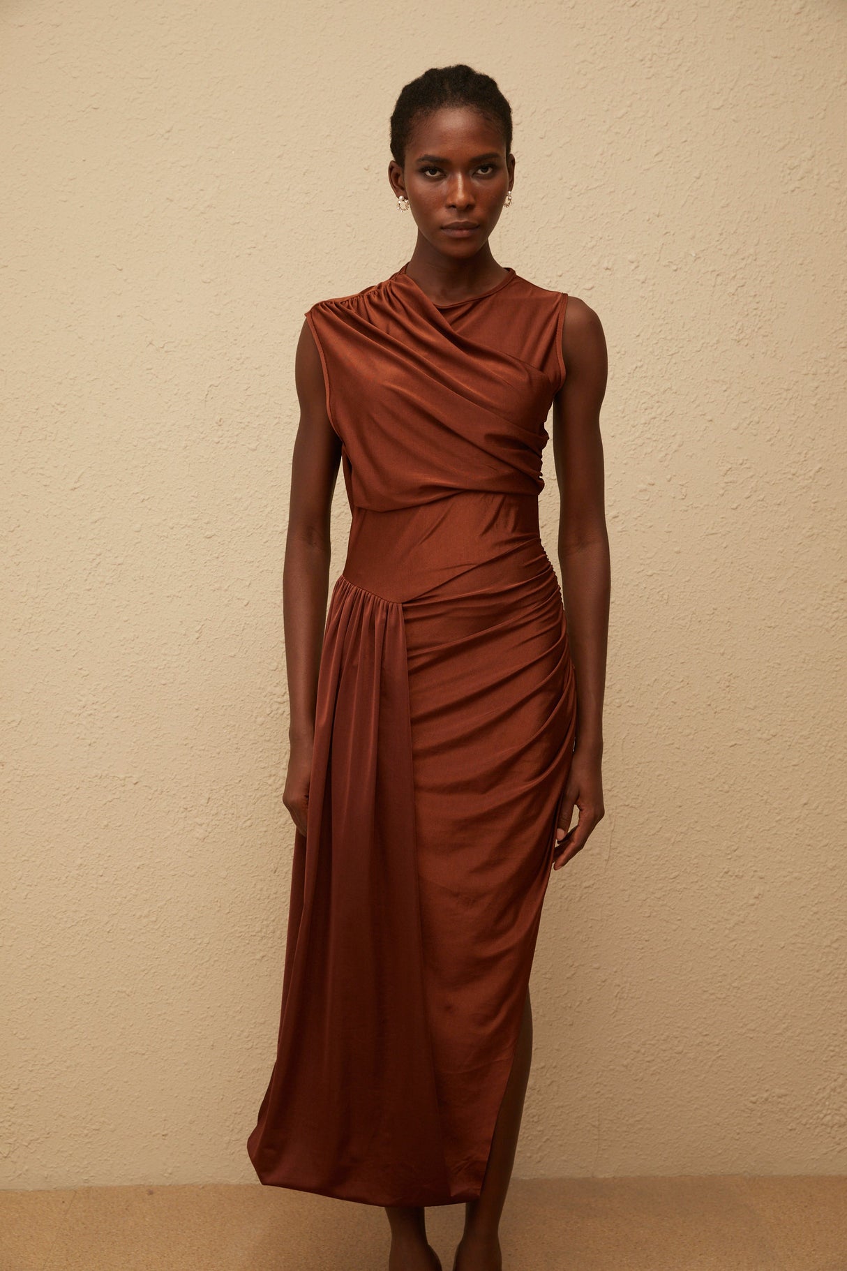 Aurohaya Reine Brown Asymmetrical Ruched Maxi Dress