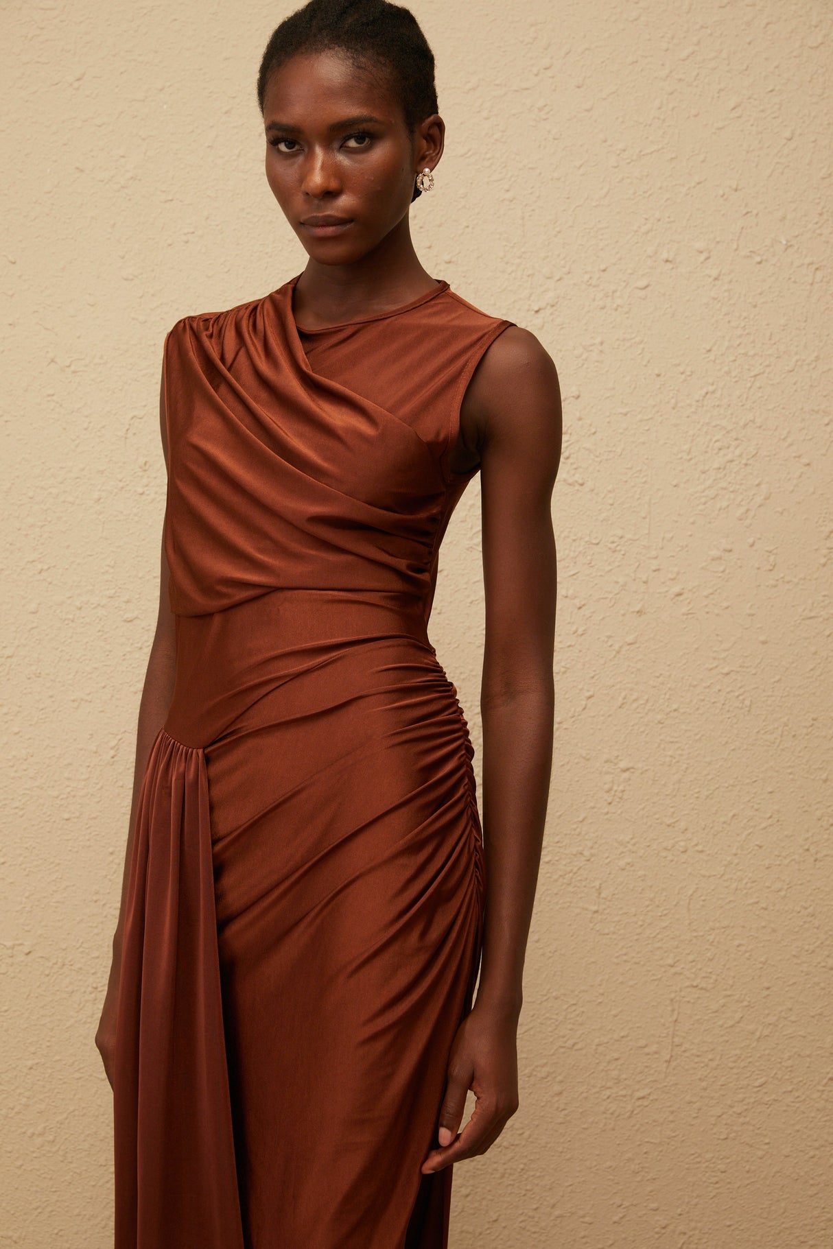 Aurohaya Reine Brown Asymmetrical Ruched Maxi Dress