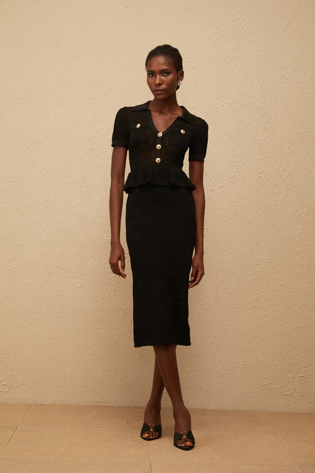 Aurohaya Theodora Black Crochet Knit Midi Dress