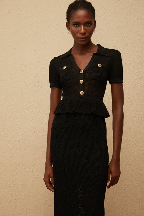 Aurohaya Theodora Black Crochet Knit Midi Dress