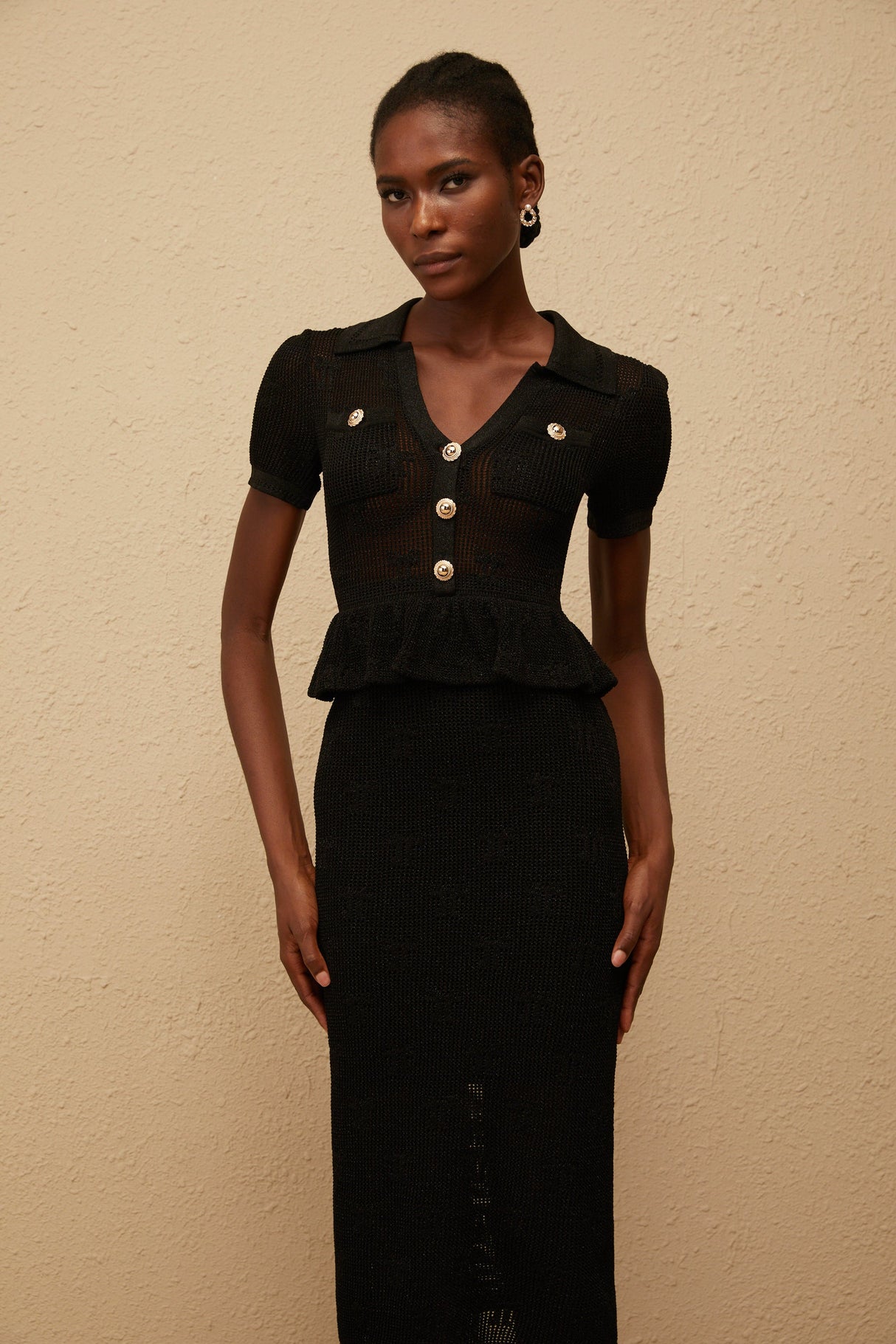 Aurohaya Theodora Black Crochet Knit Midi Dress