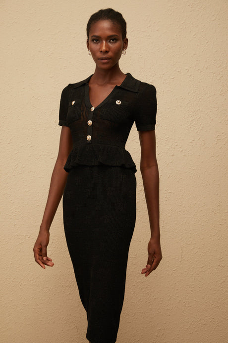 Aurohaya Theodora Black Crochet Knit Midi Dress