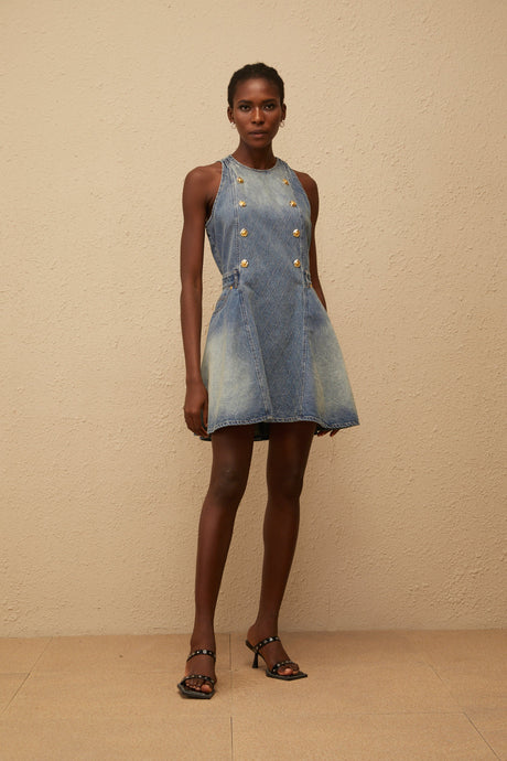 Aurohaya Gunnel Blue Faded Effect Denim Mini Dress