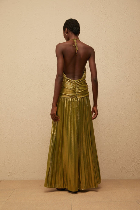 Aurohaya Alchimie Gold Glossy Pleated Maxi Dress