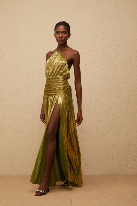 Aurohaya Alchimie Gold Glossy Pleated Maxi Dress