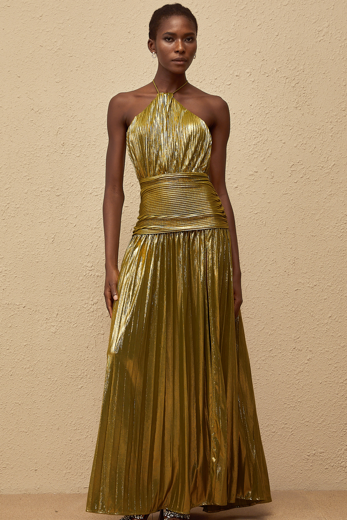 Aurohaya Alchimie Gold Glossy Pleated Maxi Dress