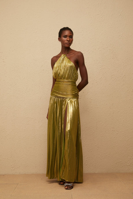 Aurohaya Alchimie Gold Glossy Pleated Maxi Dress