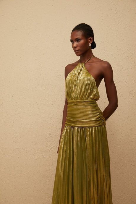 Aurohaya Alchimie Gold Glossy Pleated Maxi Dress