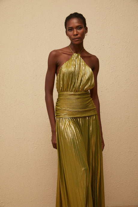 Aurohaya Alchimie Gold Glossy Pleated Maxi Dress