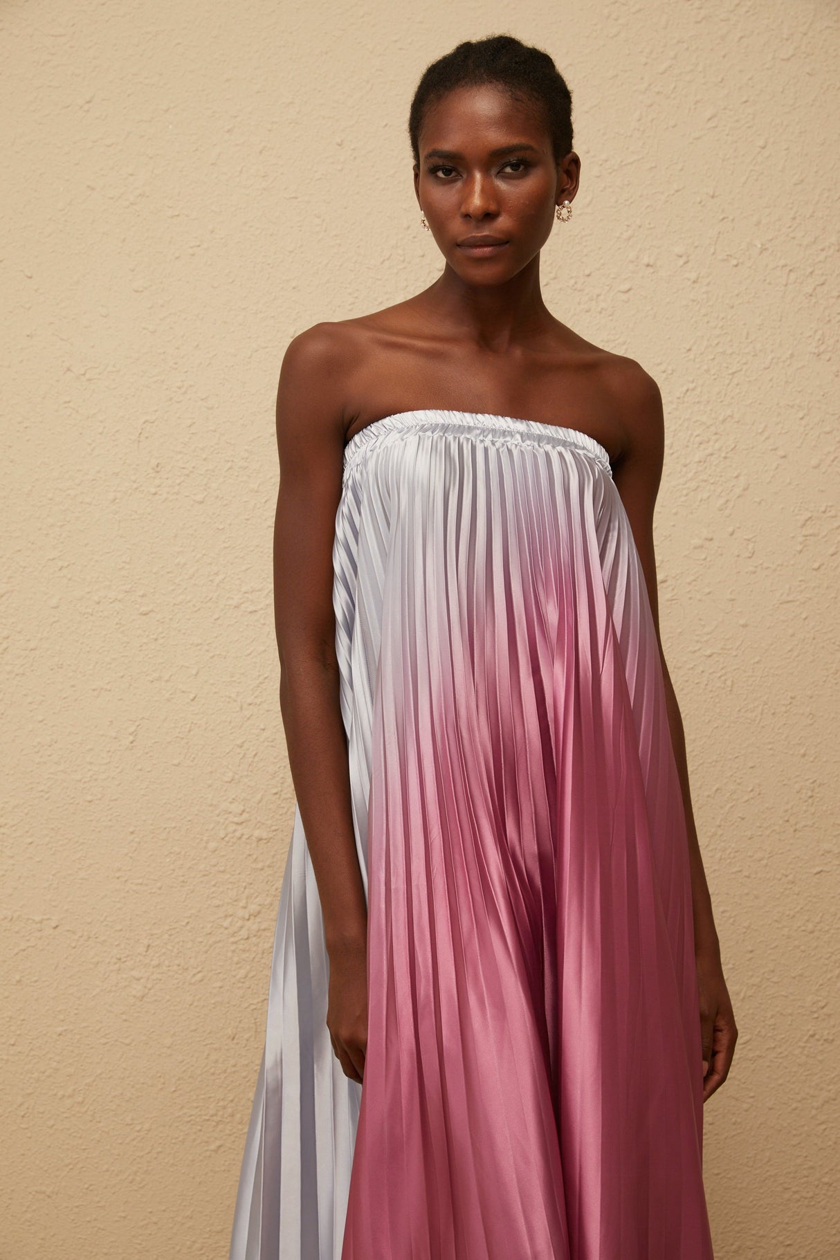 Aurohaya Irini Pink Gradient Pleated Maxi Dress