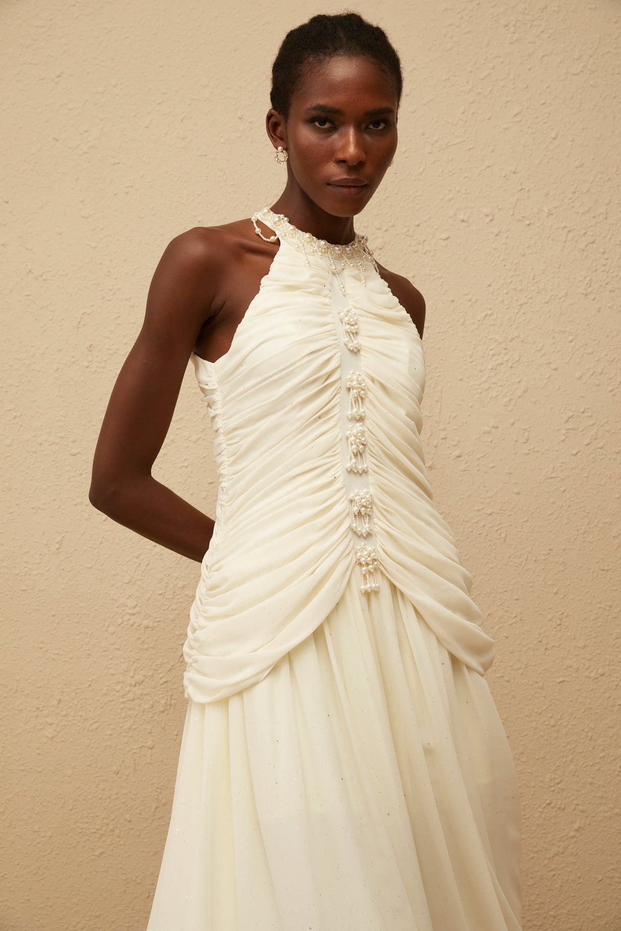 Aurohaya Martha White Faux Pearl Ruched Midi Dress