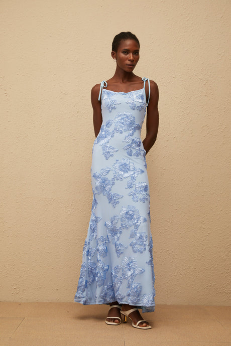 Aurohaya Énigme Blue Jacquard Floral Maxi Dress