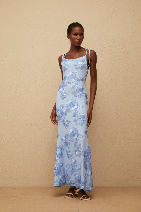 Aurohaya Énigme Blue Jacquard Floral Maxi Dress