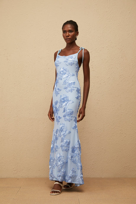 Aurohaya Énigme Blue Jacquard Floral Maxi Dress