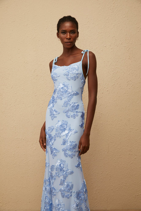 Aurohaya Énigme Blue Jacquard Floral Maxi Dress