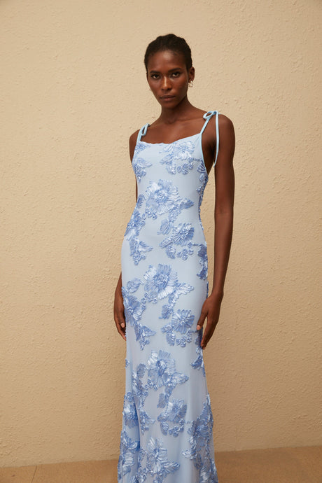 Aurohaya Énigme Blue Jacquard Floral Maxi Dress