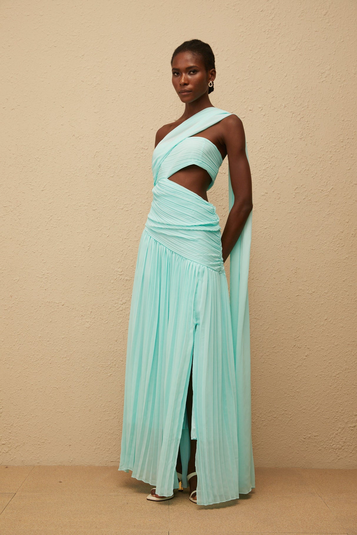 Aurohaya Katerina Mint Green Asymmetrical Pleated Maxi Dress