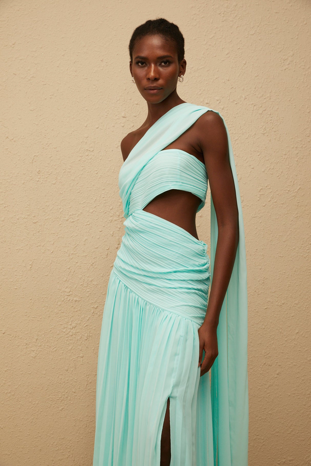 Aurohaya Katerina Mint Green Asymmetrical Pleated Maxi Dress