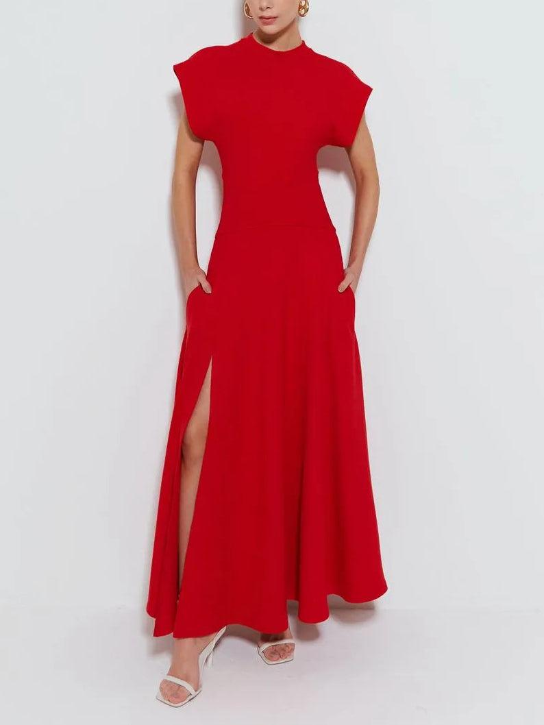 Aurohaya Modern Crew Neck Slit Wide Cuffs Maxi Dress
