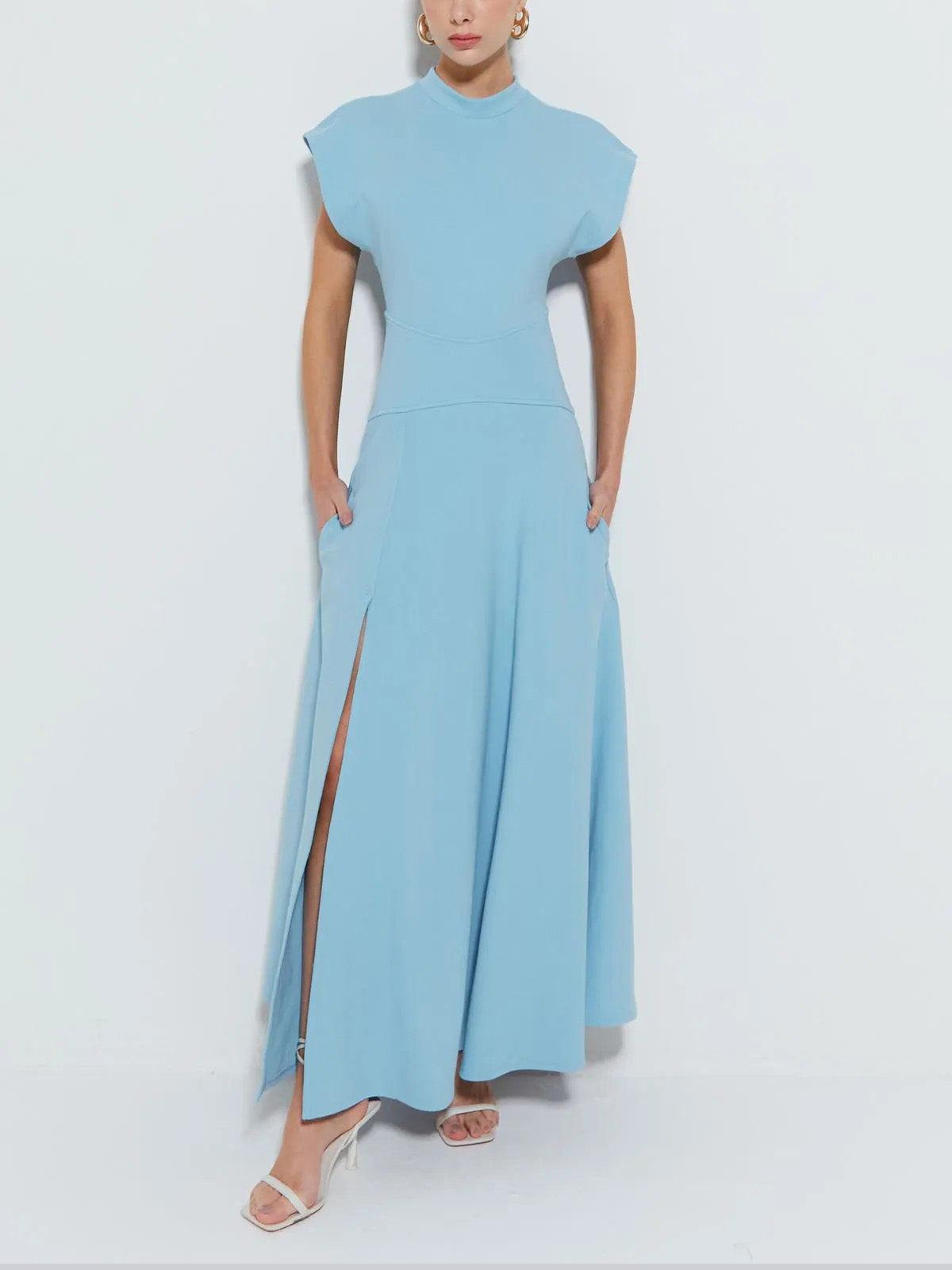 Aurohaya Modern Crew Neck Slit Wide Cuffs Maxi Dress