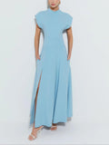 Aurohaya Modern Crew Neck Slit Wide Cuffs Maxi Dress