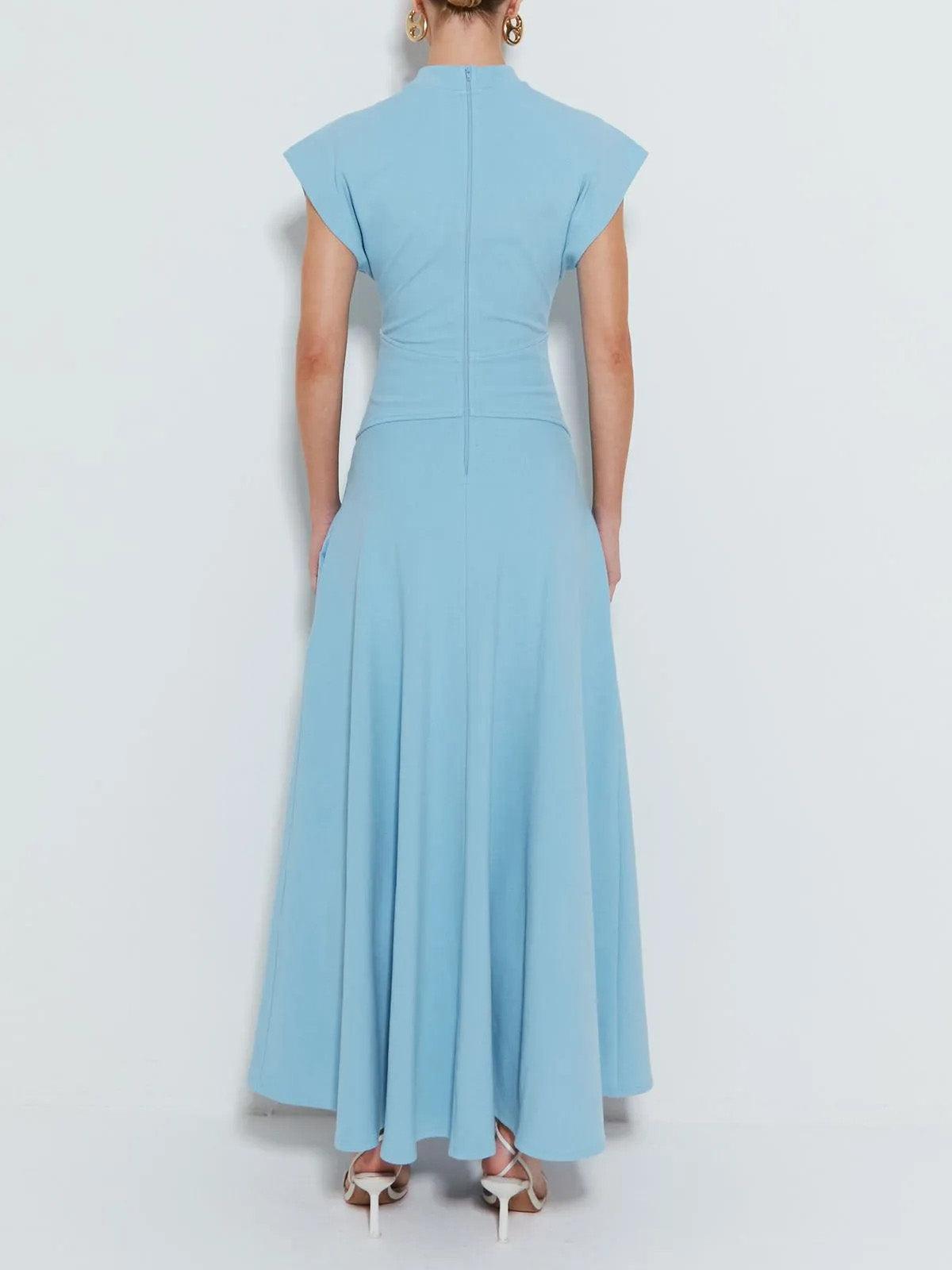 Aurohaya Modern Crew Neck Slit Wide Cuffs Maxi Dress