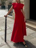 Aurohaya Modern Crew Neck Slit Wide Cuffs Maxi Dress Red