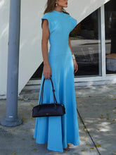 Aurohaya Modern Crew Neck Slit Wide Cuffs Maxi Dress Blue