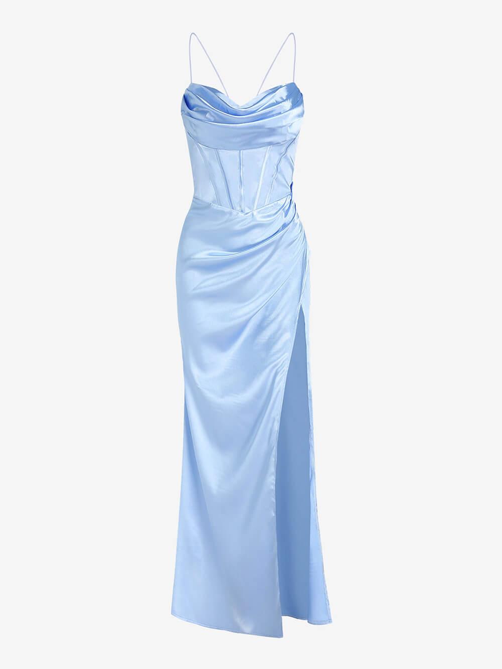 Aurohaya Elegant Fitted Satin Pleated Maxi Dress