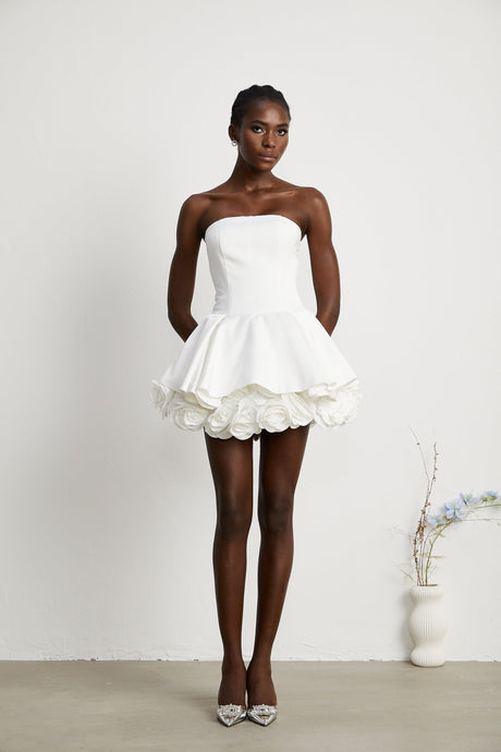 Aurohaya Maëlys white petal-layered strapless corset mini dress