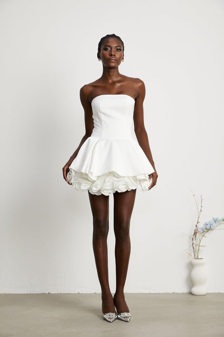 Aurohaya Maëlys white petal-layered strapless corset mini dress