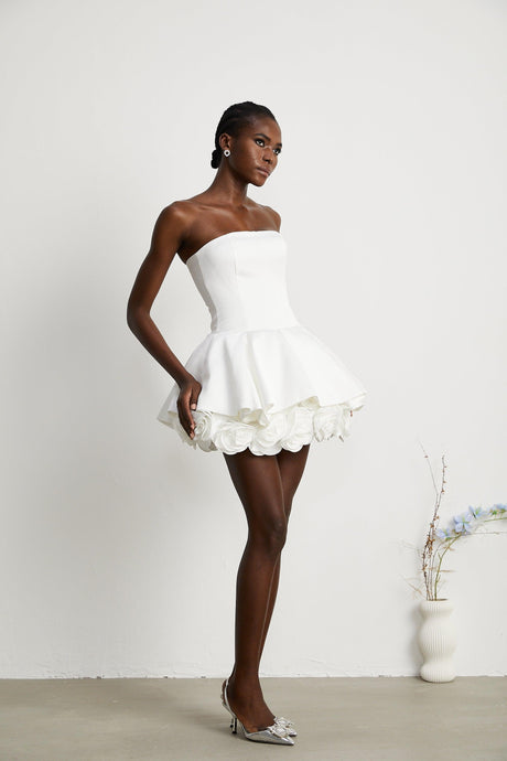Aurohaya Maëlys white petal-layered strapless corset mini dress