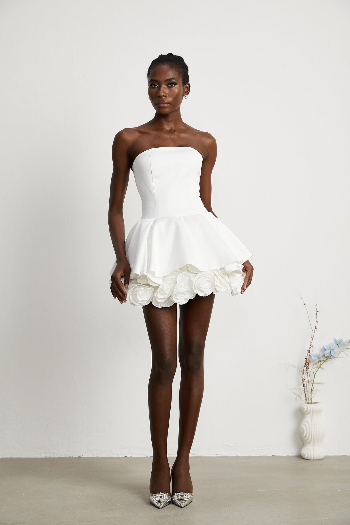 Aurohaya Maëlys white petal-layered strapless corset mini dress