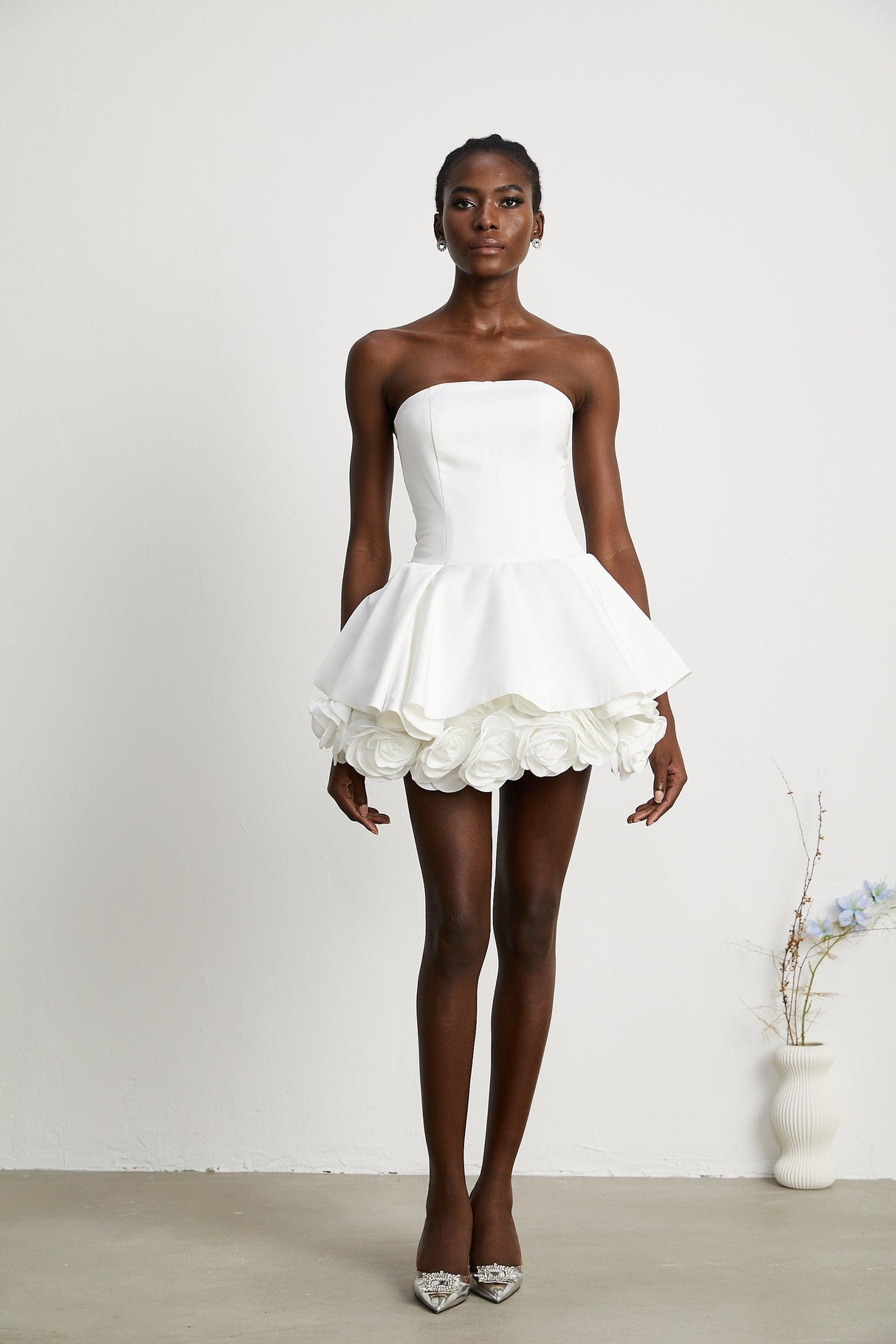 Aurohaya Maëlys white petal-layered strapless corset mini dress