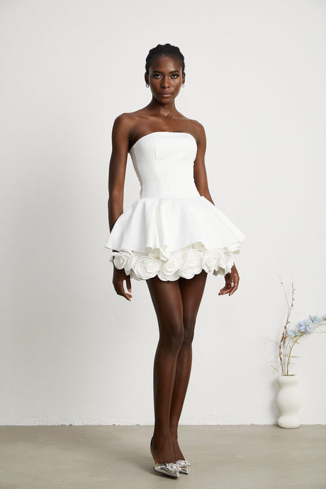 Aurohaya Maëlys white petal-layered strapless corset mini dress