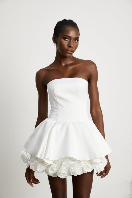 Aurohaya Maëlys white petal-layered strapless corset mini dress