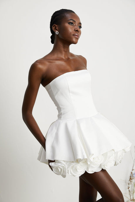 Aurohaya Maëlys white petal-layered strapless corset mini dress